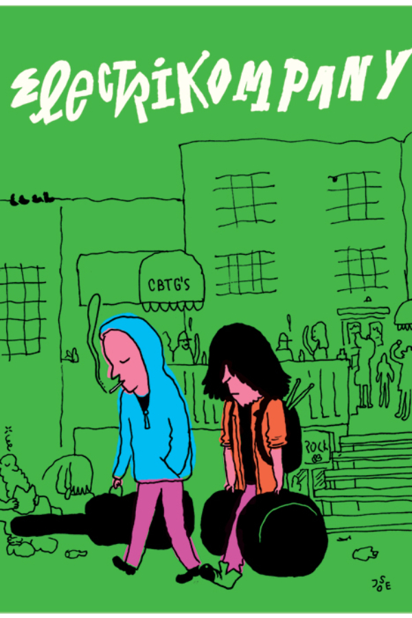 poster showing two characters carrying instruments out of a bar. green background, colourful characters.