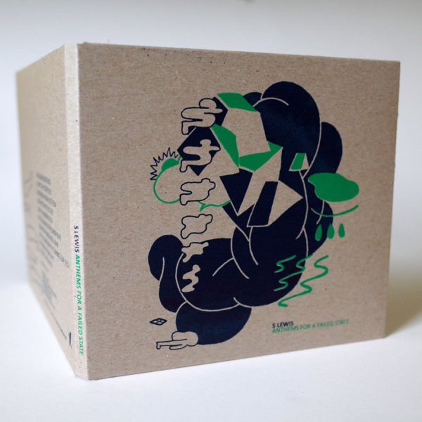 cardboard cd sleeve showing an abstract illustration with clouds, geometric shapes, a character, a broken window on green and dark blue