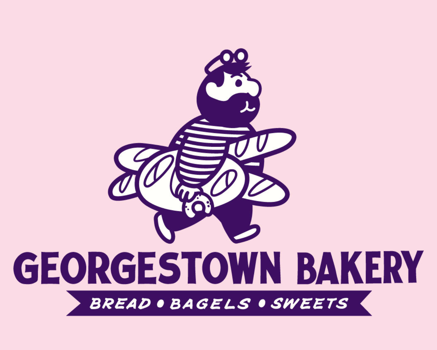 a character holding bread, baguettes and a bagel while walking