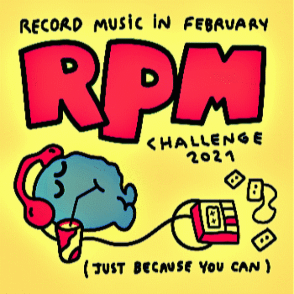 an animated gif showing a character drinking a slurpy while listening to tapes. Letters say Rpm Challenge 2021