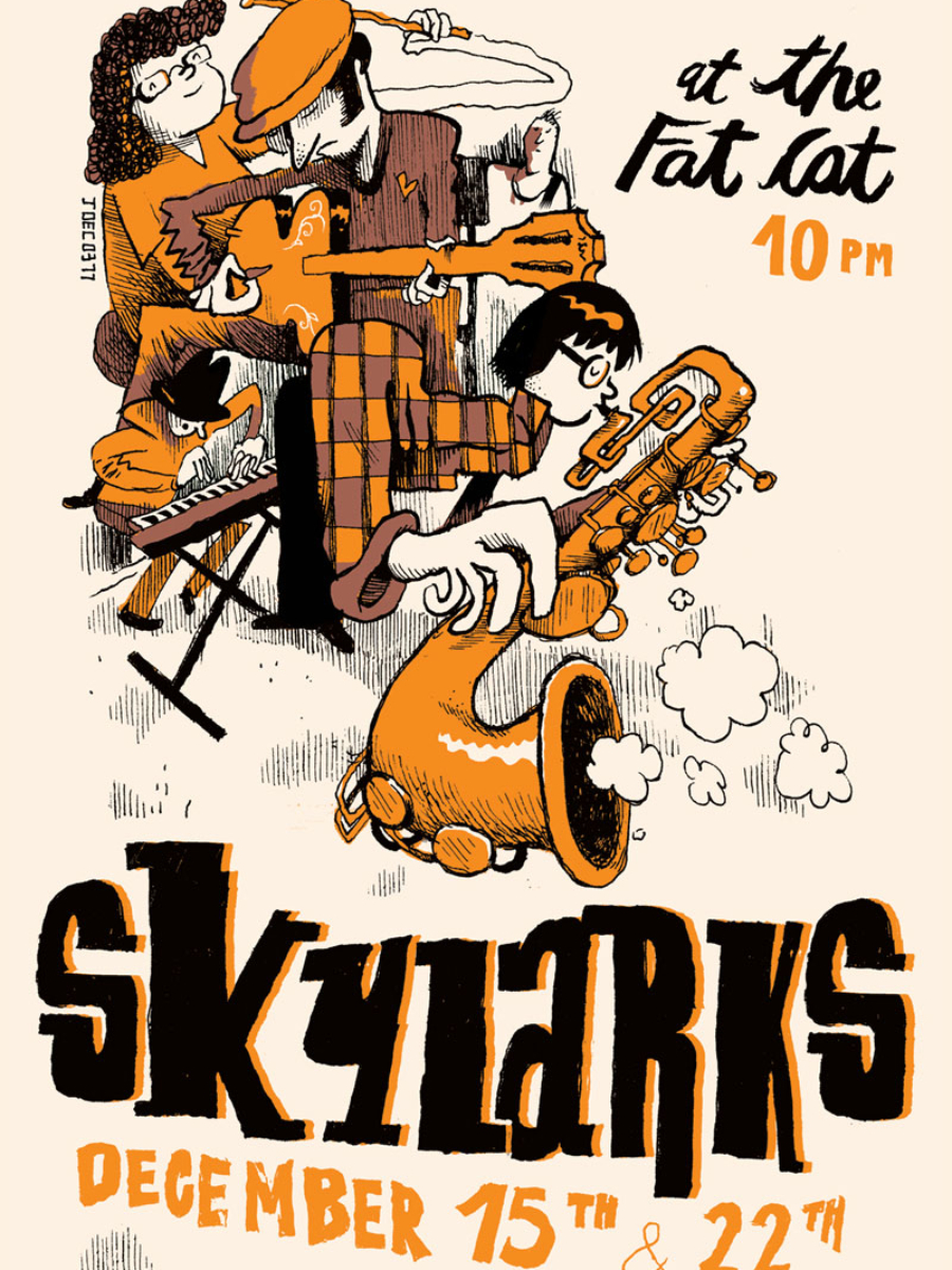 poster an illustration of a group of jazz musicians playing music digitally painted using several flat colors such as black and orange on a cream colored background